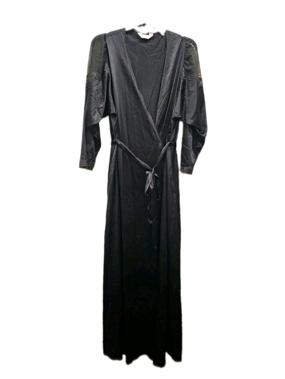 Vanity Fair Black Long Satin-Trim Wrap Robe with Tie Vintage